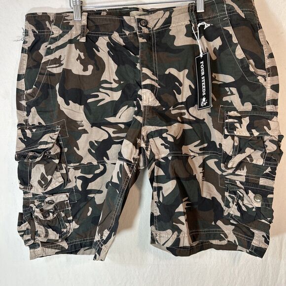 FOURSTEEDS Womens Camouflage Twill Bermuda Cargo Shorts with Belt 18 Dark Camo - Picture 1 of 8